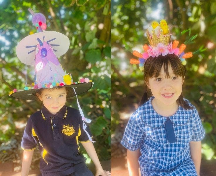 Photo of two students wearing their Easter hats.